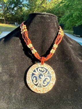 Handcrafted Tribal Look Multi-strand Glass Beaded Necklace Carved Shell Pendant
